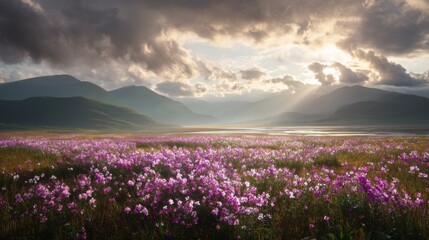 Obraz premium Breathtaking View of Vibrant Purple Flower Field Under Dramatic Clouds and Sunlight with Majestic Mountains in the Background at Dusk