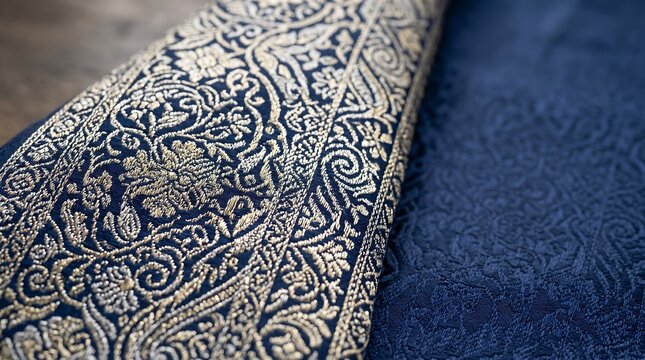 Luxury blue and gold embroidered fabric texture