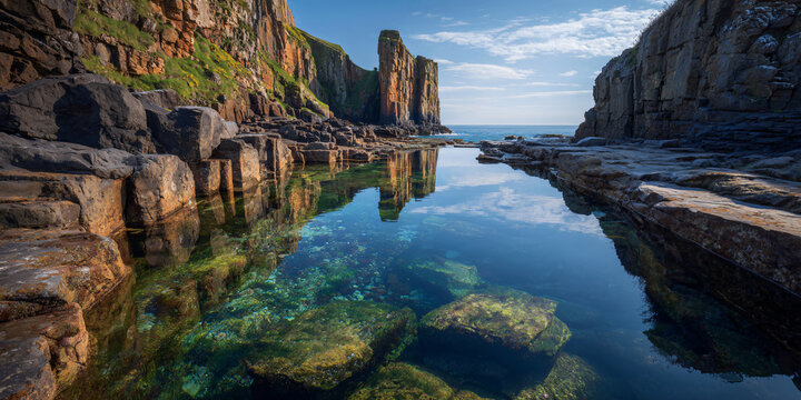 Rocky Coastal Cliffs with Tidal Pool Reflection