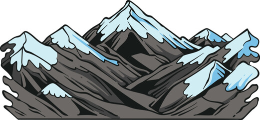 Cartoon vector illustration of rugged snowy mountain peaks with dark rocky ridges and blue ice accents, isolated on a white background for alpine travel themes © Galih