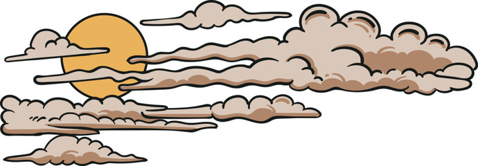 Cartoon vector illustration of a golden sun partly hidden behind long drifting clouds, isolated on a white background for sky and weather themes © Galih