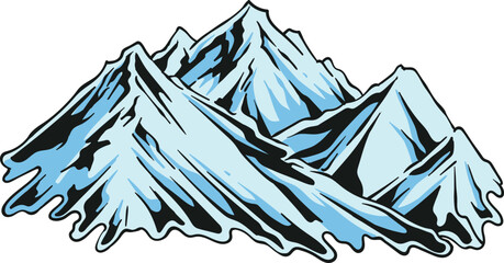 Cartoon vector illustration of sharp snowy mountain peaks with blue shadows and black outlines, isolated on a white background for winter travel themes © Galih