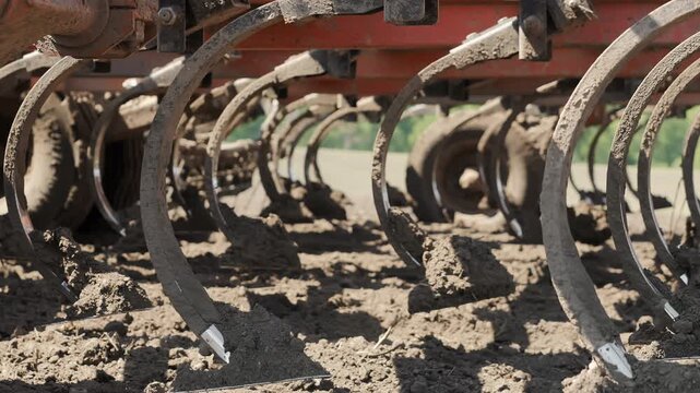 Detailed view of cultivator tines breaking and aerating soil during farmland preparation. Agricultural machinery performing tillage operations before planting crops.