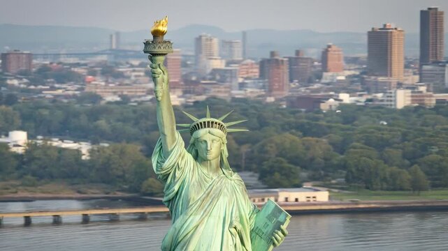 Aerial view and camera orbiting. Statue of Liberty at beautiful sunset - aerial circling toward Manhattan skyline in New York City NYC in 4K 