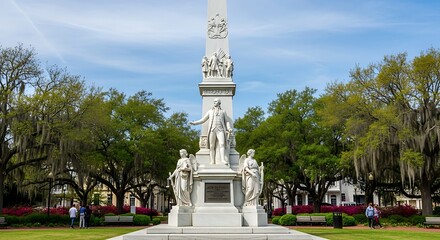 Obraz premium Historic white marble monument with statues in a lush green public park under a blue sky