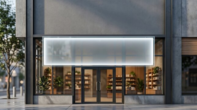 Modern Storefront with Blank Illuminated Signage and Glass Windows
