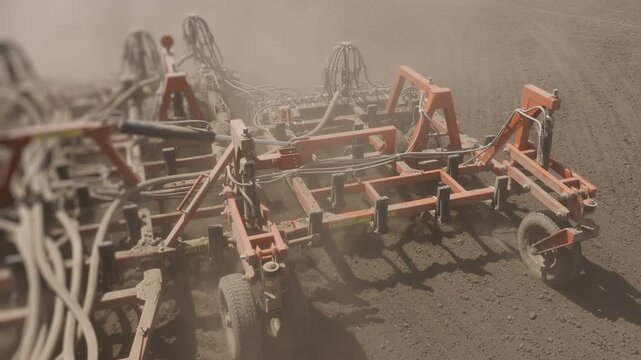 Agricultural cultivator working across farmland and creating dust during soil preparation. Modern farming equipment performing tillage and seedbed preparation before planting season.