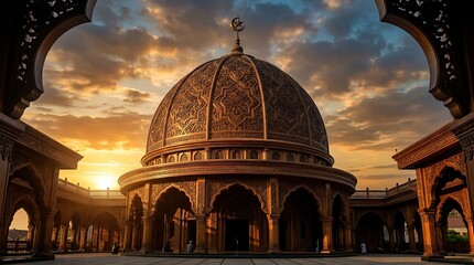Obraz premium Ornate dome of a mosque at sunset framed by architectural arches