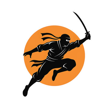 Jumping ninja silhouette vector illustration featuring a masked shinobi warrior holding a katana sword in a mid-air attack pose against an orange sun circle background.