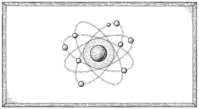 Atom Model Illustration: Nucleus with Orbiting Electrons, Scientific Concept