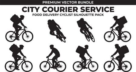 Obraz premium A collection of dynamic city courier service food delivery cyclist silhouettes for modern urban transportation applications