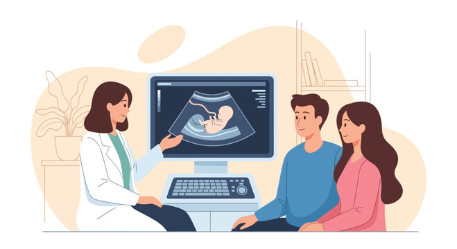 Doctor shows expectant couple ultrasound image of baby, fertility clinic