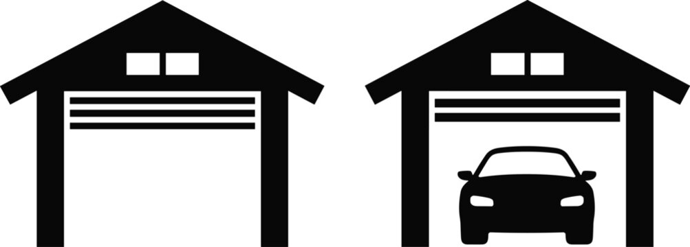 Two vector icons of modern garage buildings with open shutter doors, one empty and one with a car inside