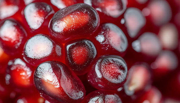 A vibrant close-up view of a pomegranate's juicy red seeds scattered naturally