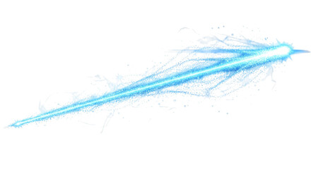 Obraz premium Bright blue light beam with glowing particles and liquid splash effects isolated on a solid black background, diagonal energy streak