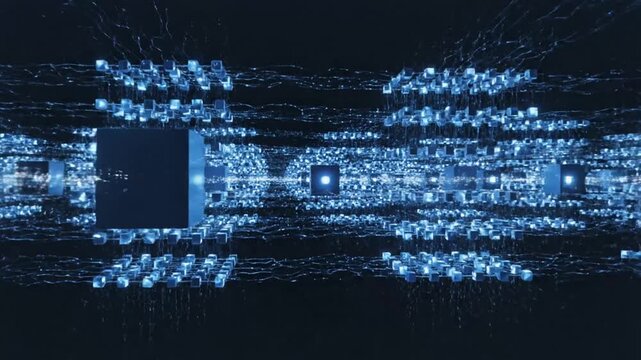 Abstract glowing blue cubes in a digital data network