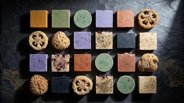 Assorted handmade soap bars and natural sponges on dark stone