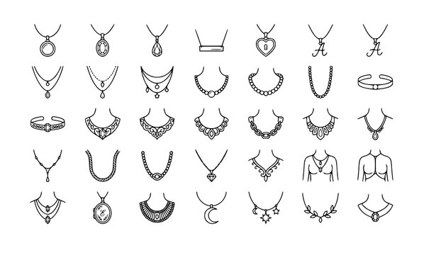 SEO Title:
Neck and Upper Body Jewelry Outline Icons Set with Elegant Necklace and Accessory Designs