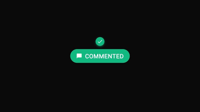 Comment button click animation with speech bubble icon and cursor press swapping to emerald commented state with checkmark on black, 4K horizontal social media overlay