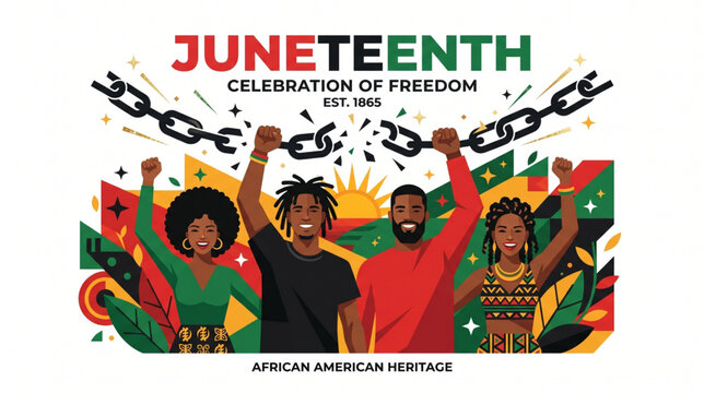 Vector illustration of a group of happy African American men and women celebrating Juneteenth with raised fists under broken iron chains against a colorful geometric background with a sun. Text reads 