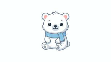 A cute cartoon polar bear cub wearing a cozy blue scarf. © AlyaNaja
