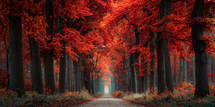 Straight Path Through Autumn Forest with Red Fallen Leaves