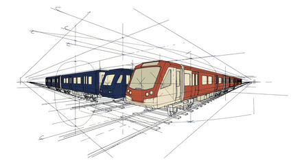 Detailed Sketch of Modern Subway Trains on Tracks with Perspective Lines. © Kancil