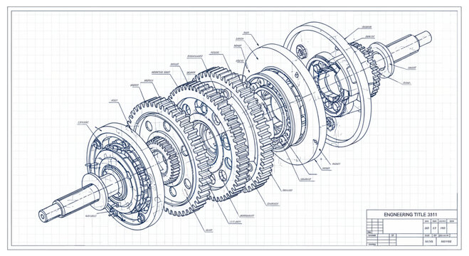 Detailed Technical Drawing of a Complex Gearbox Assembly.