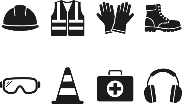 Set of personal protective equipment icons for construction and safety