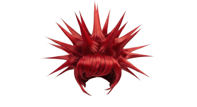 Bright red spiky mohawk hairstyle isolated on a solid black background, featuring sharp hair strands styled in a circular sunburst pattern
