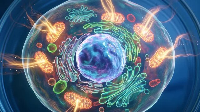 Cinematic 3D microscopic human cell animation, glowing mitochondria generating energy particles, detailed organelles, vibrant biological activity, metabolism and biotechnology concept, 4K video