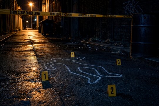 Chalk Outline and Evidence Markers at a Dark City Alley Crime Scene with Yellow Police Tape