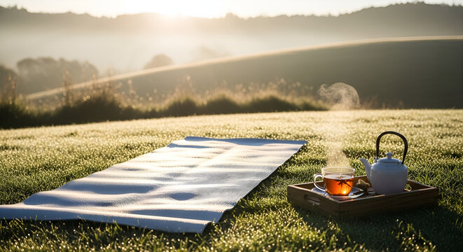 Sunrise yoga and tea on dewy grass a peaceful outdoor wellness moment