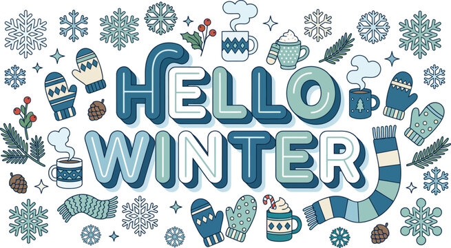 A cheerful 'Hello Winter' typography concept illustration, perfect for social media advertising and seasonal design on a clean white background.