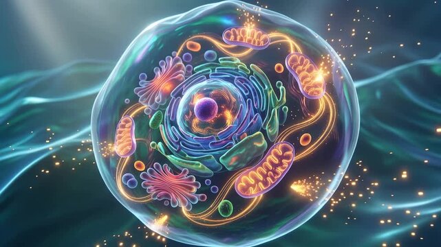 Cinematic 3D microscopic human cell animation, glowing mitochondria generating energy particles, detailed organelles, vibrant biological activity, metabolism and biotechnology concept, 4K video