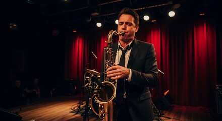 Fototapeta premium Professional musician playing saxophone on a dimly lit stage with dramatic red curtains
