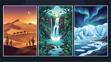 Three distinct vertical artistic illustrations depicting a golden desert sunset a lush tropical jungle waterfall and a cold arctic landscape with vibrant northern lights above © hadi
