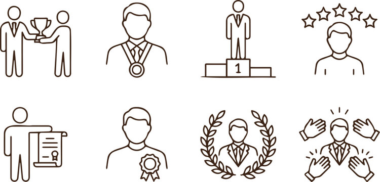 Business Award Recognition Icons Set Trophy Medal Podium Certificate Star Applause