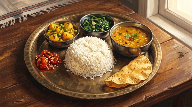 Gouache Editorial Art Dal Bhat Thali Set Dark Brass Plate Warm Light
