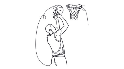 Continuous line drawing of a basketball player shooting a ball into a hoop © Atul