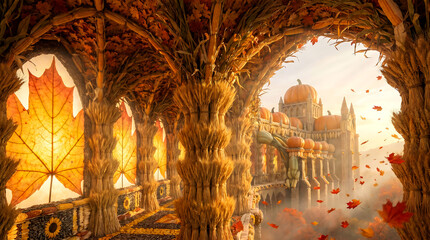 Obraz premium Fantasy autumn scene with archways and pumpkins in the background