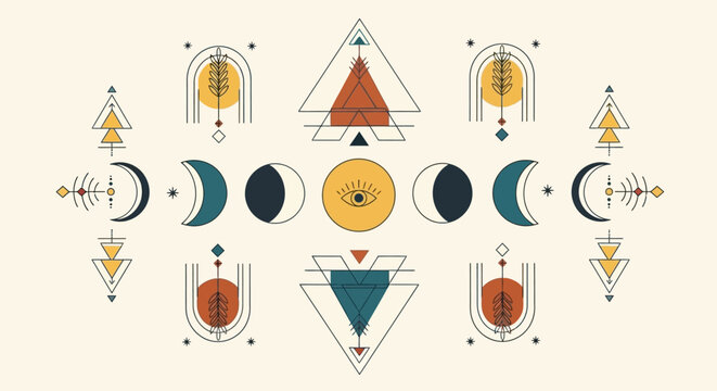 Esoteric Geometry Moon Phases Mystical Symbols Abstract Graphic Design