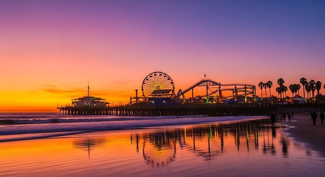 Silhouetted amusement pier with ferris wheel and roller coaster at sunset on a reflective beach