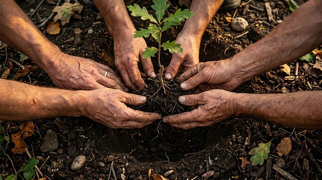 Hands of multiple people planting a young oak sapling in soil