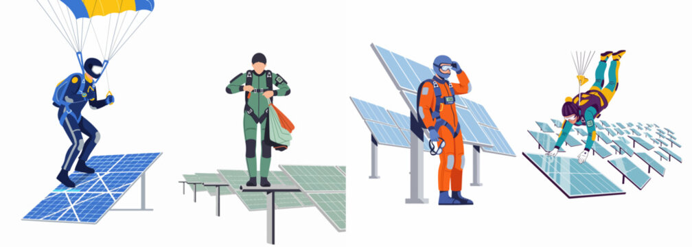 Flat vector illustration set of skydivers and parachutists interacting with solar panels, symbolizing the intersection of extreme adventure and sustainable green energy technology.