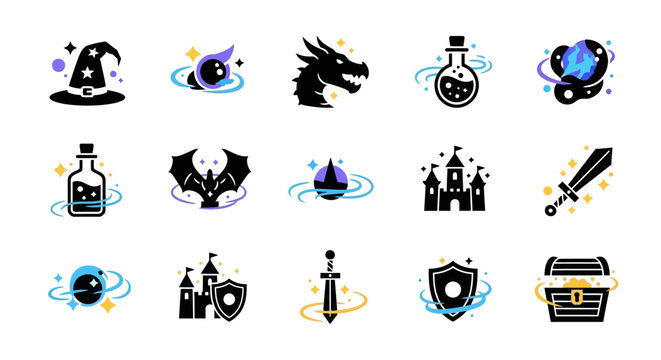 Fantasy Icons: Magic Hat, Dragon, Castle, Potion, Sword, Treasure Chest