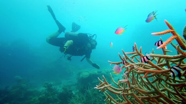Scuba diver encountering colorful tropical fish swimming among stunning branching coral formations on the famous Rainbow Reef, exploring rich marine biodiversity in clear Fiji Islands waters