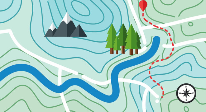 Topographic Map with Hiking Trail, Mountains, Forest, River, Compass