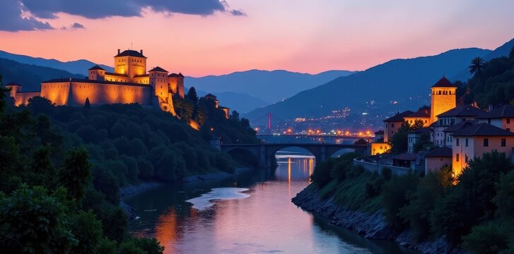 Narikala Fortress in Tbilisi at dusk with Mtkvari River flowing through the city , fortress, mtkvari river, city view