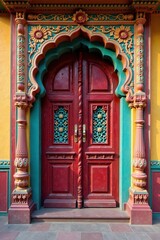 Obraz premium Ornate doorway with intricate carvings and colorful designs in India, wooden doors, Indian architecture, doorway